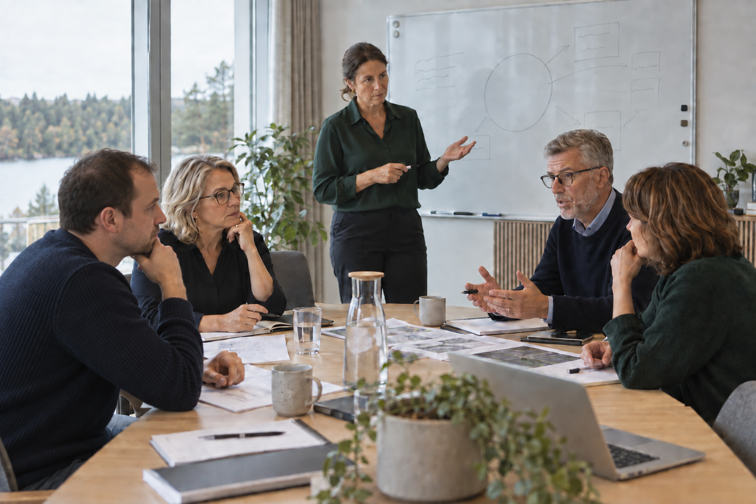 En grupp som diskuterar och arbetar tillsammans runt ett bord